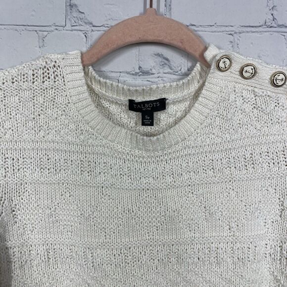 Talbots Knit Ivory Sweater Women Petite Small Button Ballon Sleeve Cable Knit - Picture 4 of 12